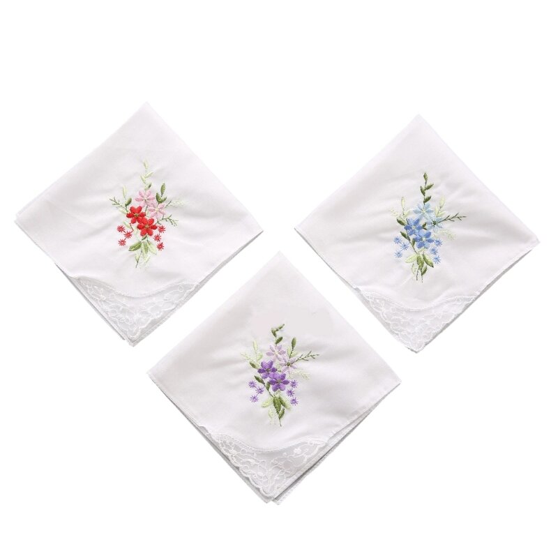28cm Cotton Soft Embroidered Square Towel Vintage Floral Style Lace Edging Handkerchief Flower Hanky for Women Girls