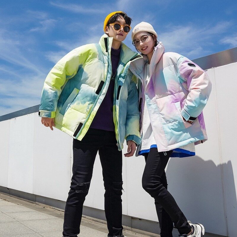 Autumn and Winter Down Jacket Parkas Gradient Couple Model Youth Fashion Tie Dye Keep Warm Coat Windproof Comfortable Loose