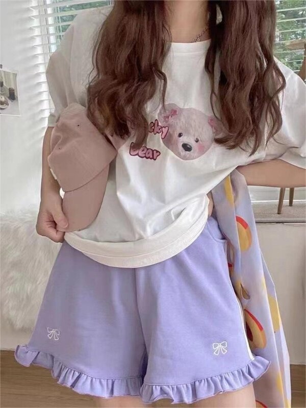 HOUZHOU Kawaii koreańskie szorty modne w paski kobieta workowate słodkie spodnie dresowe styl japoński oversize słodkie spodnie sportowe lato