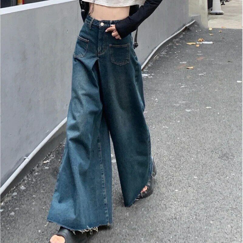 Jeans de perna larga vintage feminino, jeans folgados pretos góticos, calças coreanas soltas de cintura alta, streetwear de moda Y2K