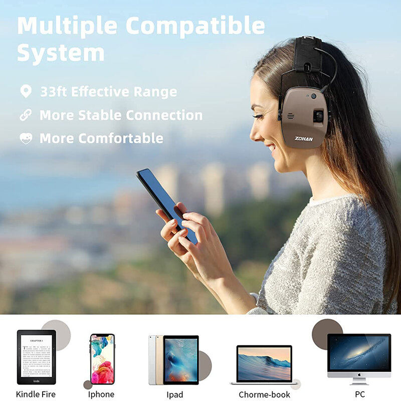 ZOHAN-Ouvido Eletrônico de Tiro Tático, Bluetooth 5.0, Proteção Auditiva, Amplificação de Som Anti-Ruído, Hunting Shoot Range