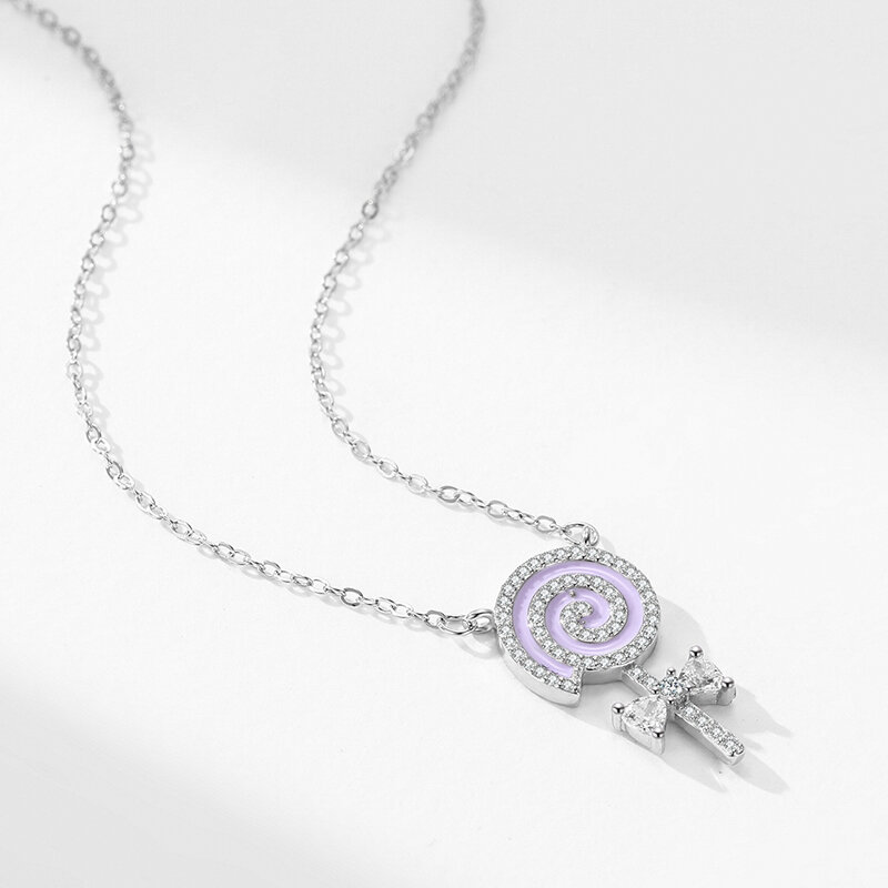 Ailmay 925 Sterling Silver Charm Purple Enamel Lollipop Dazzling CZ Pendant Necklace For Women Girls Party Accessories Jewelry