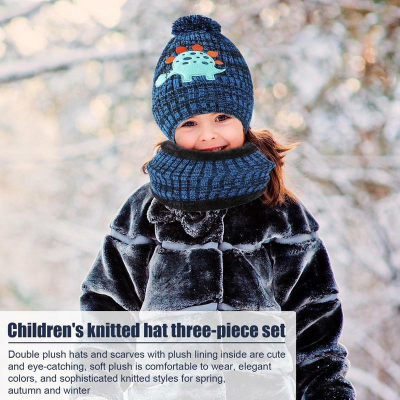 Chapéu do Beanie da impressão do dinossauro com luvas para meninos e meninas, chapéus de inverno, lenços do pescoço, bonitos, presentes, 2-8