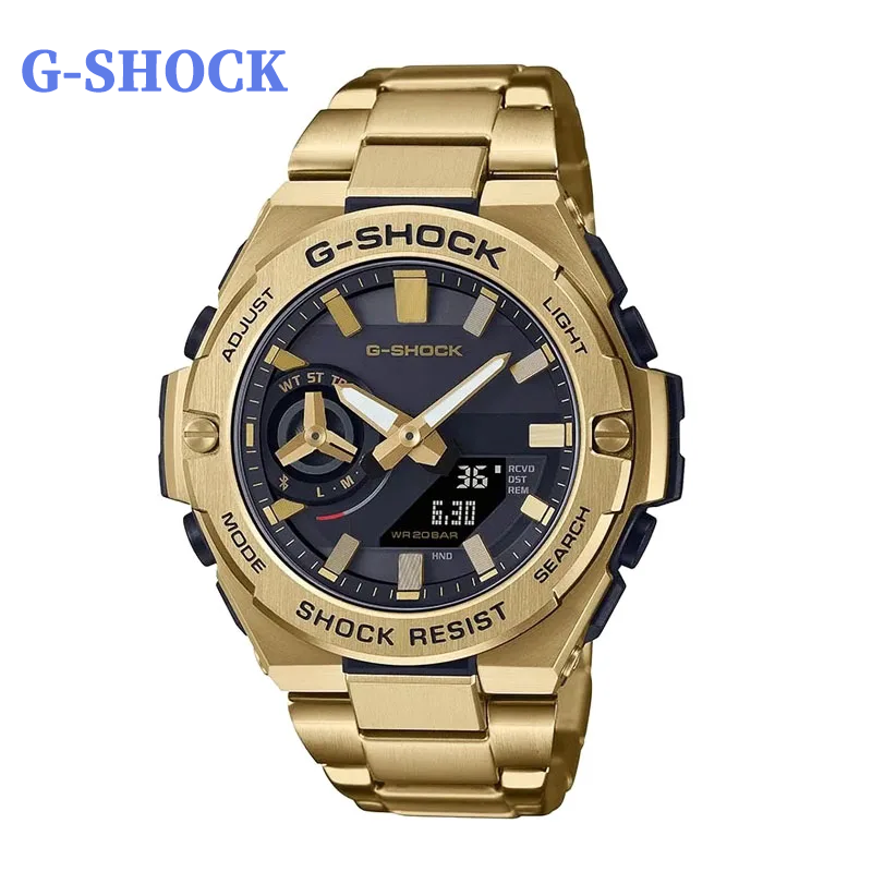 G-SHOCK jam tangan pria GST-B500, Stainless Steel kasual Fashion mewah Multifungsi tahan guncangan tampilan ganda jam tangan kuarsa