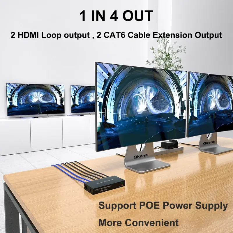 Przedłużacz ethernetowy 1080P HDMI przez kabel RJ45 Cat6 60m konwerter nadajnik i odbiornik wideo 1 do 2 zestaw 1x2 pętla HDMI 1 w 2 3 4 Out