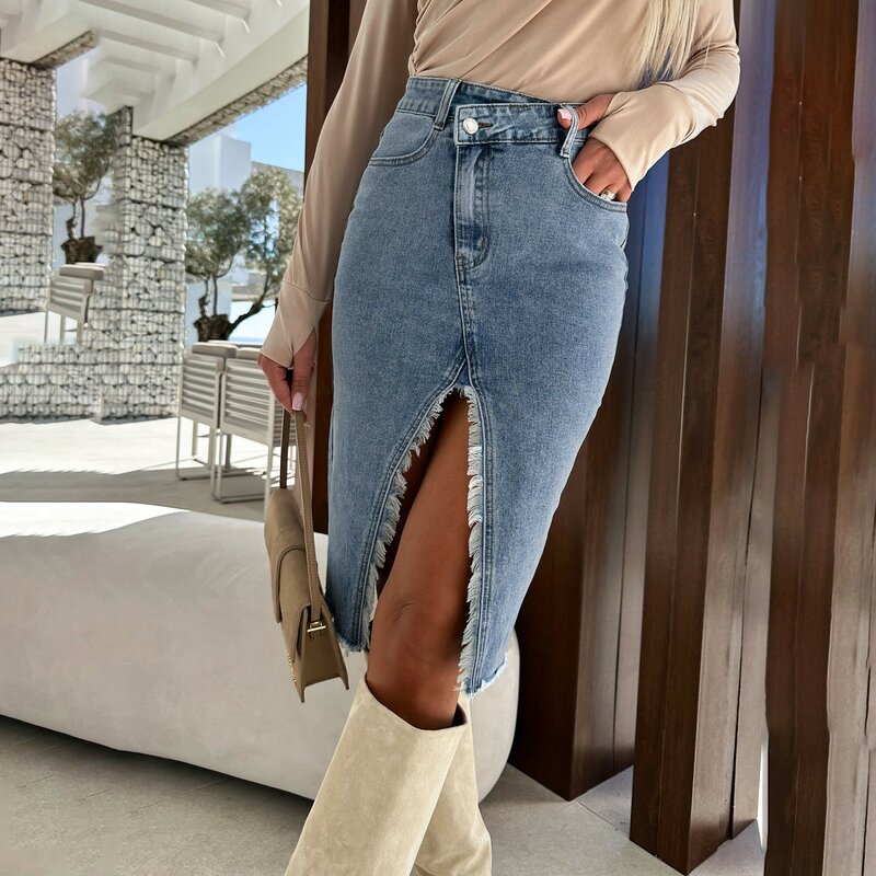 Saia jeans dividida para senhoras, vestido longo em linha A, cintura alta, saia dividida com fenda, moda casual e retrô, novo e elegante, 2022