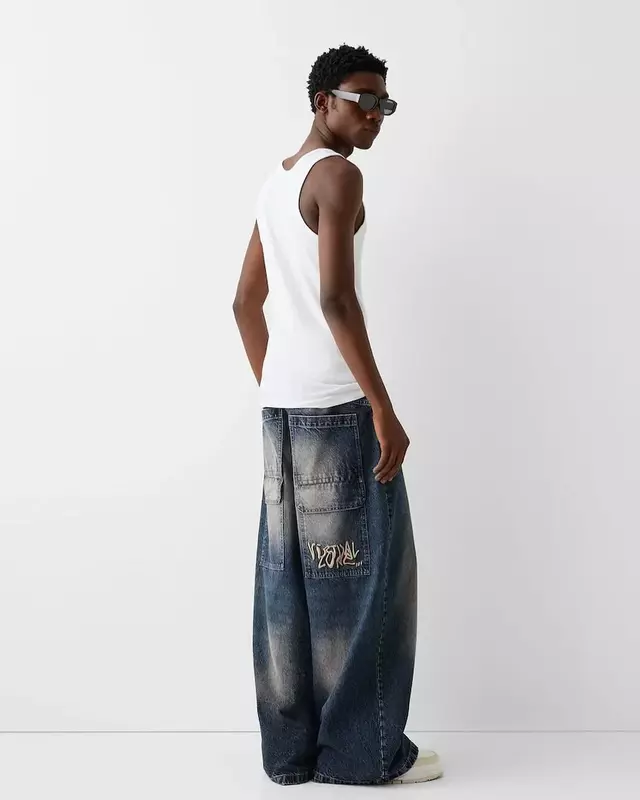 New Fashion Hip-Hop z wyszywanymi dżinsowymi spodniami dla mężczyzn Y2K klasyczne luźne uliczne proste proste dżinsy z wysokim stanem