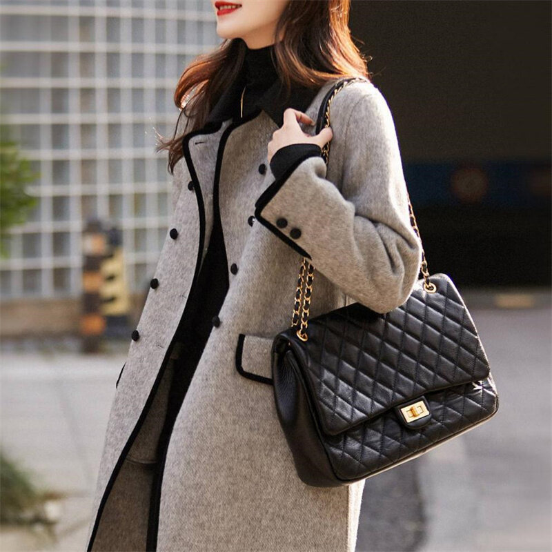 Nieuwe Hoge Kwaliteit Wollen Jas Vrouwelijke Herfst Winter Middelbare Leeftijd Mode Koreaanse Slanke Casual Contrast Kleur Wollen Overjas Vrouwen