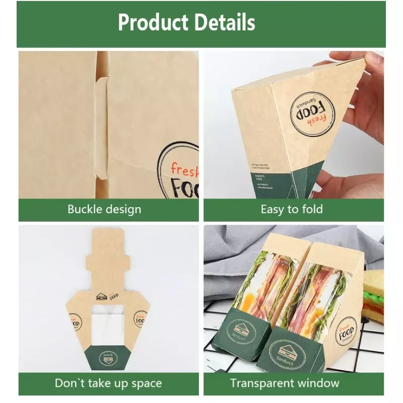 Caja de sándwich de productos personalizados, caja de cuña de sándwich pequeña con ventana, contenedor de sándwich Triangular