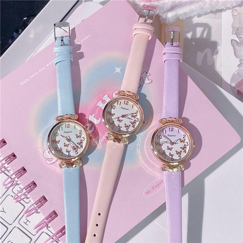 일본 여아용 그라데이션 컬러 시계, 귀여운 나비 만화 쿼츠, 방수 포인터, 캐주얼 가죽 시계 선물