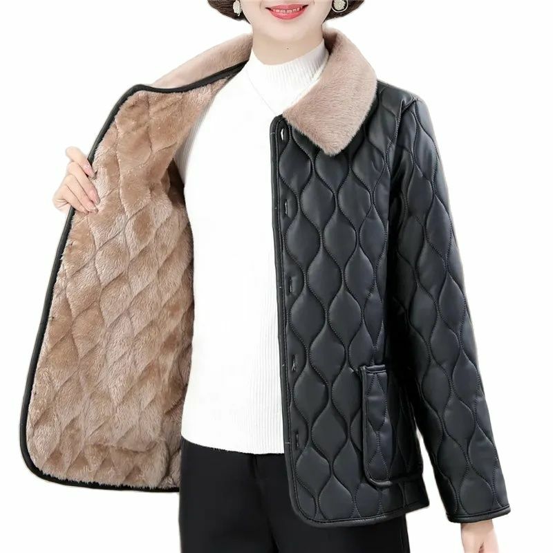 Модное осенне-зимнее кожаное пальто из хлопка для женщин среднего возраста, кожаная куртка для отдыха, теплая, не стирается, верхняя одежда 5XL