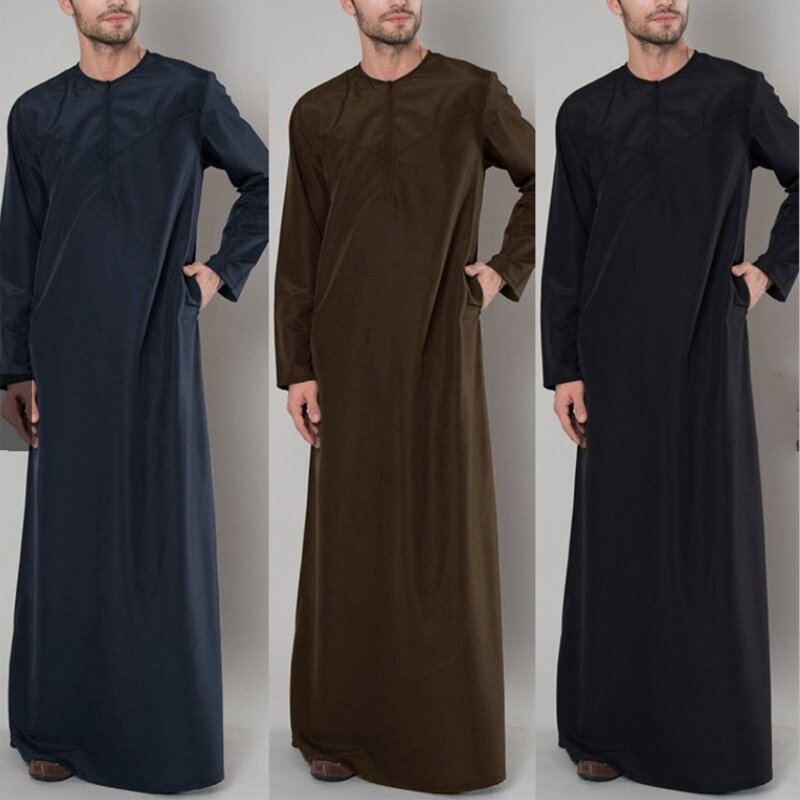 Atmungsaktive Männer Jubba Thobe Traditionellen Nahen Osten Muslimischen Kostüm w/ Zipper Design Langarm Männer Robe Freizeit Kleidung