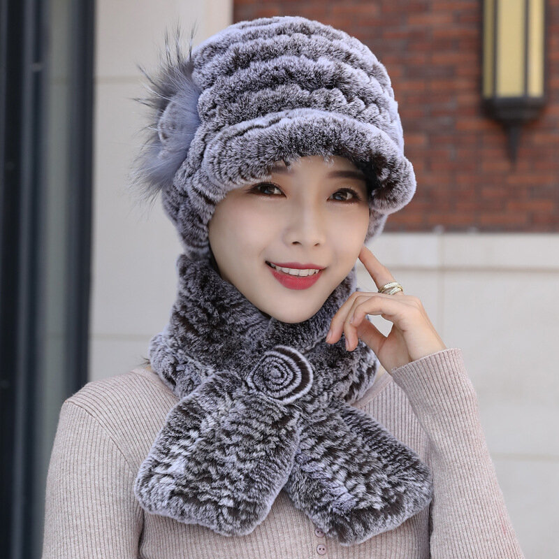 Winter Hat And Scarf Set Knitted Women Real Rabbit Fur Beanie And Scarf Women Knitted Real Rex Rabbit Fur Hats Natural Fur Caps