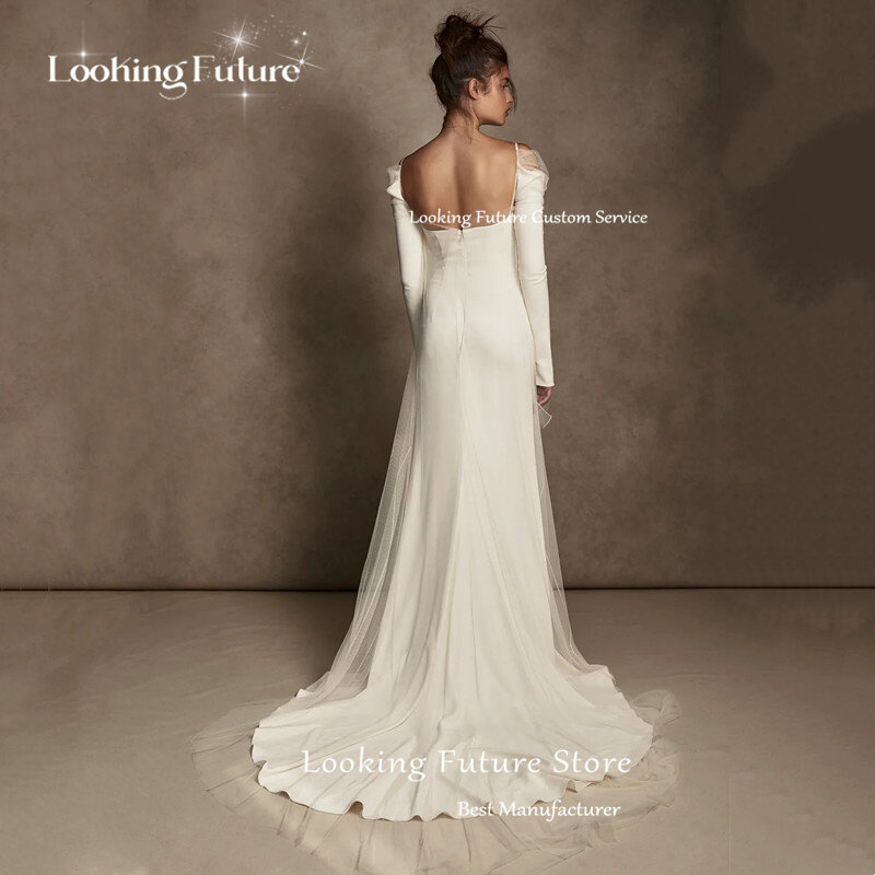 Elegant Tulle Straight Wedding Dresses Off The Shoulder Pleat Long Sleeves Bridal Gowns Sexy Strapless Backless Lace Up Vestidos