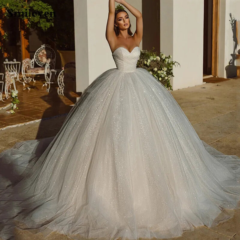 Eleganti abiti da sposa di lusso con spalle scoperte maniche soffici staccabili bellissimo strascico principessa Mopping abito da sposa 2023