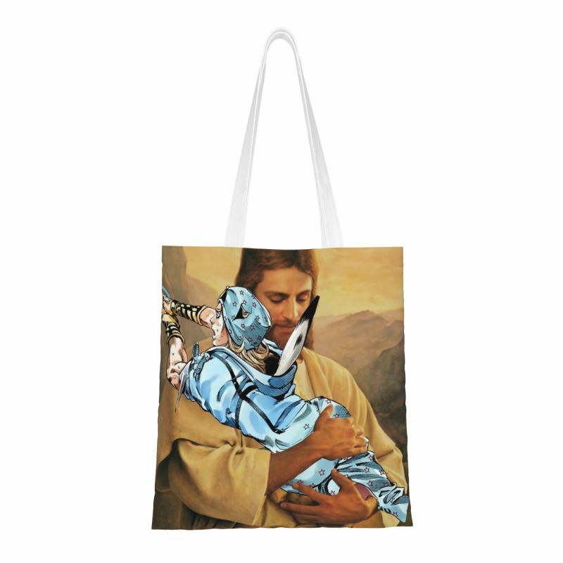 Reutilizáveis JOJO's Unique Adventures Of Polnareff Jesus Shopping Bag Mulheres Ombro Canvas Tote Bag Lavável Mantimentos Shopper Bags