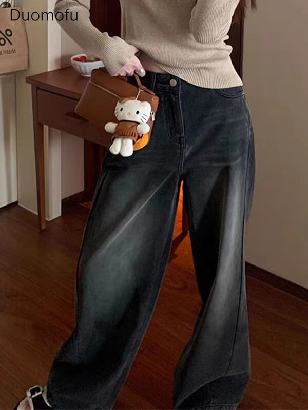 Duomofu Ins angustiado lavado reta Baggy Jeans para mulheres, moda básica de outono, simples slim feminino cintura alta Jeans