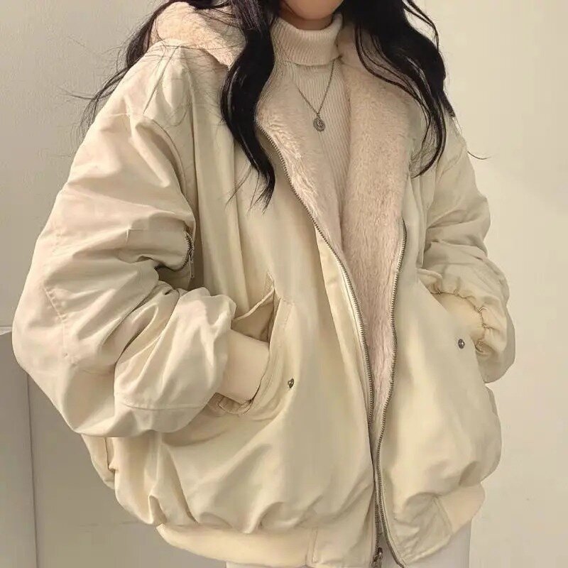 Veste à capuche en laine d'agneau de style coréen pour femme, double face, extérieur, rembourré en coton, velours, épaissi, hiver, nouveau