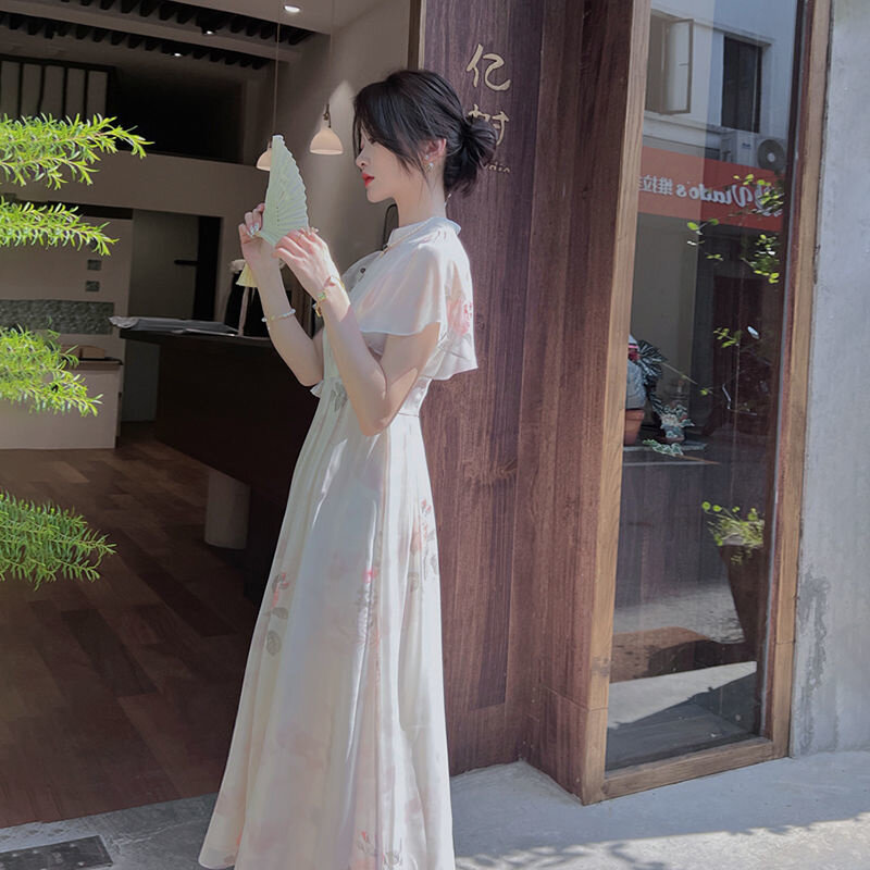 Gaun gaya China Ink Halo, Gaun panjang modis Cheongsam lengan pendek ditingkatkan dengan temperamen wanita