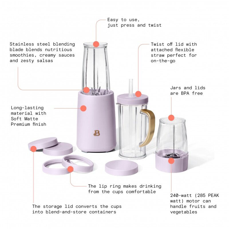 Beautiful Personal Blender Set with 12 Pieces, 240 W, Lavender by Drew Barrymore