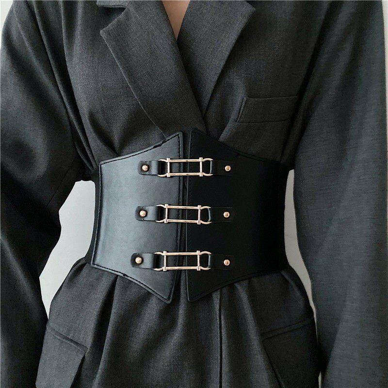 أحزمة مطّاطيّة عصرية قوطية للمرأة مثير أسود من جلد البولي يوريثان حزام مشد عريض للسيدات Cinturones Para Mujer Heart Cummerbunds
