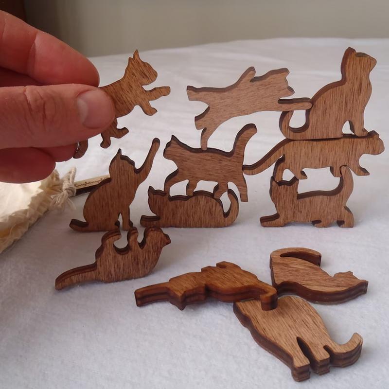 Ornamentos de madeira com diferentes formas, empilhamento Cat, Mini Cats, Montessori Learning & Brinquedos Educativos, 12Pcs