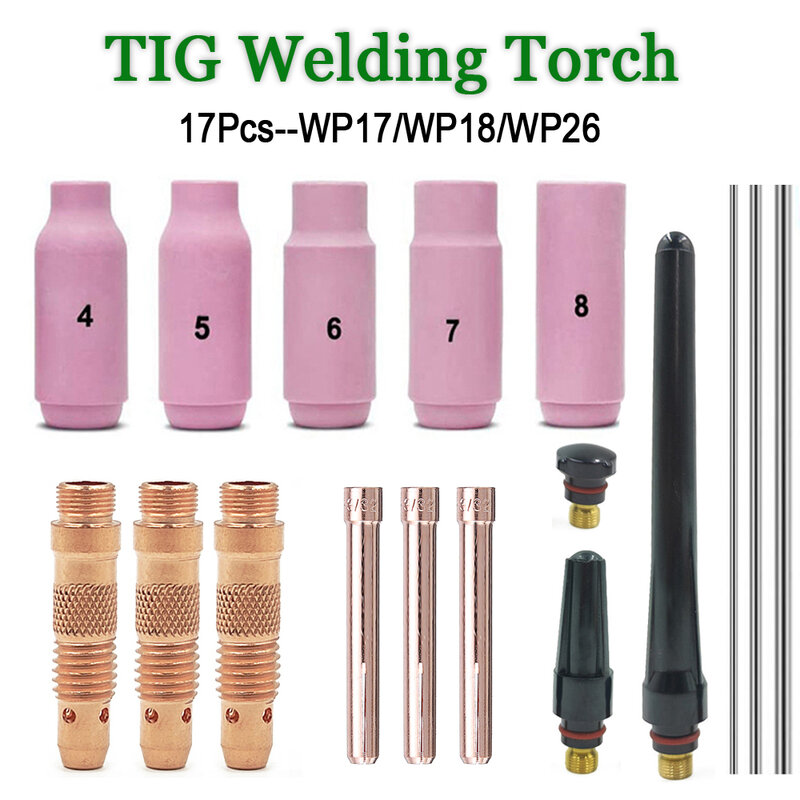 17pcs Argon TIG Welding Torch Consumable1.6mm/2.4mm/3.2mm Tungsten Electrodes Collet Body Alumina Nozzle Back Cap For WP17/18/26
