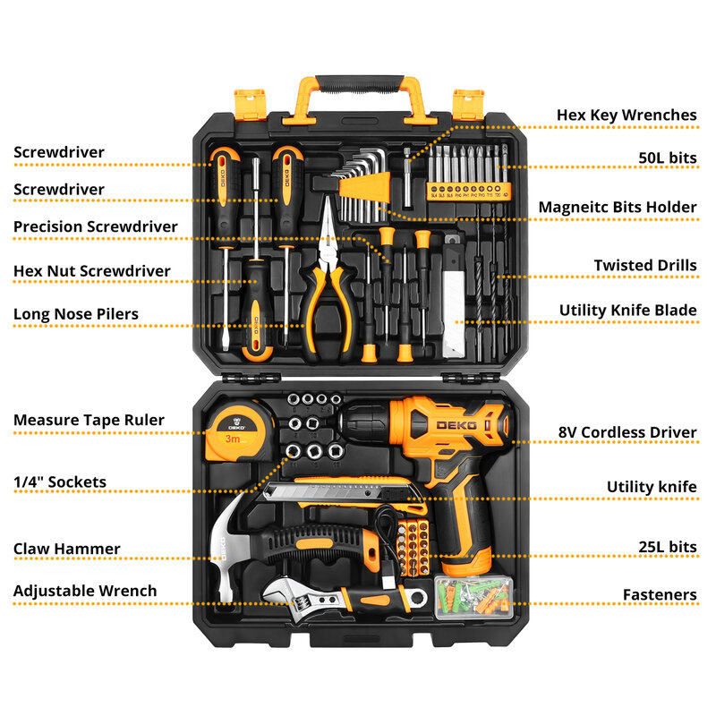 DEKO-DKMT126 Kits Combo Ferramenta Elétrica com 8V Broca Sem Fio, Casa DIY Kits de Ferramentas Manuais, 10mm, 3/8 "Keyless Chuck