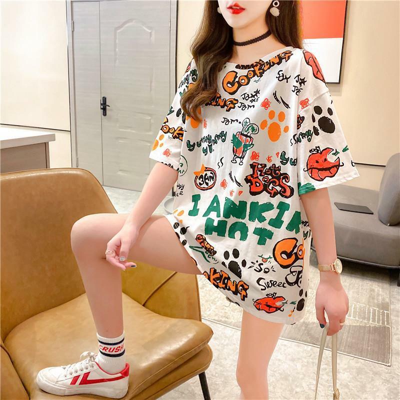 Camiseta coreana con estampado de letras para mujer, ropa informal de manga corta con cuello redondo, jerséis holgados de dibujos animados, 2024