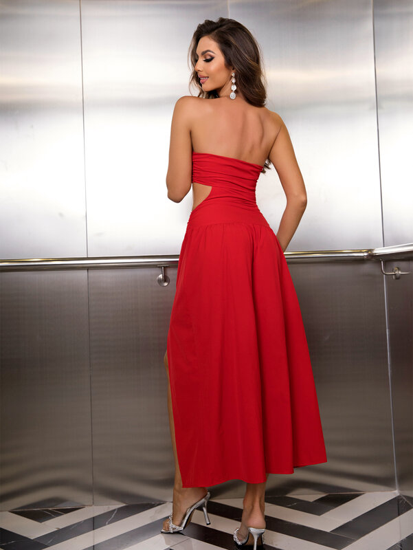 DIWU Dresses For Women 2023 Sexy Mini Strapless Backless Bodycon Dress Solid Color Slit Skirt