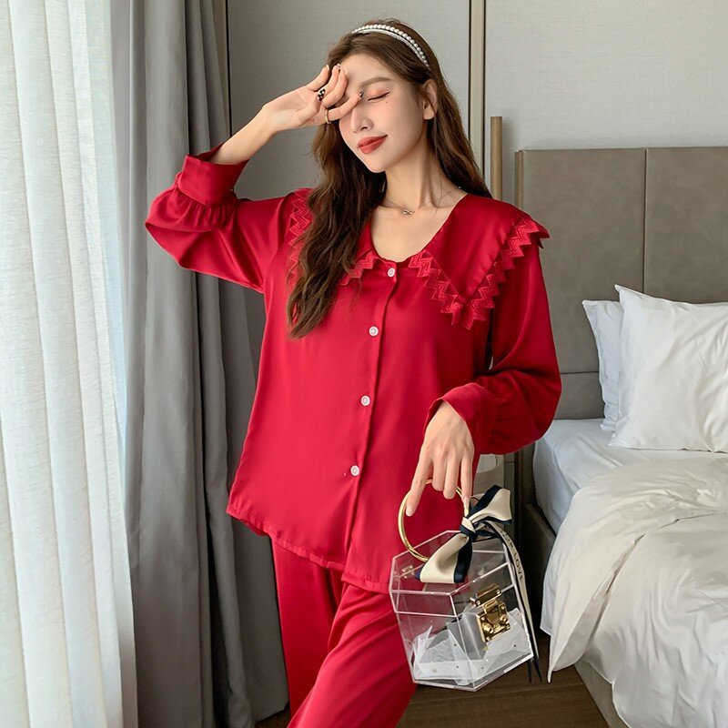 Pijama de satén con solapa y botones para mujer, ropa de dormir informal de manga larga, 2 piezas