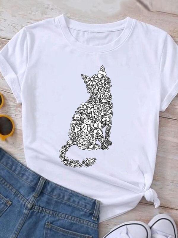 Camiseta de manga curta estampada para gatinho feminino, tendência superior com gola redonda, respirável torrada, fofa, moda verão, Y2K