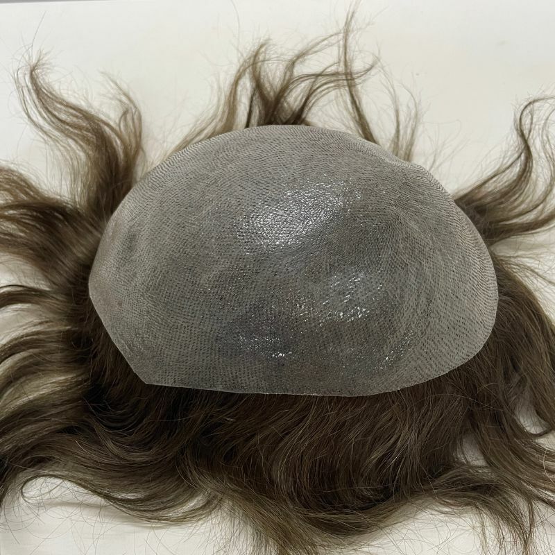 Pwigs-peluquín de piel sintética ultrafina para hombre, tupé marrón de 0,02-0,03mm, cabello humano europeo, 4 #
