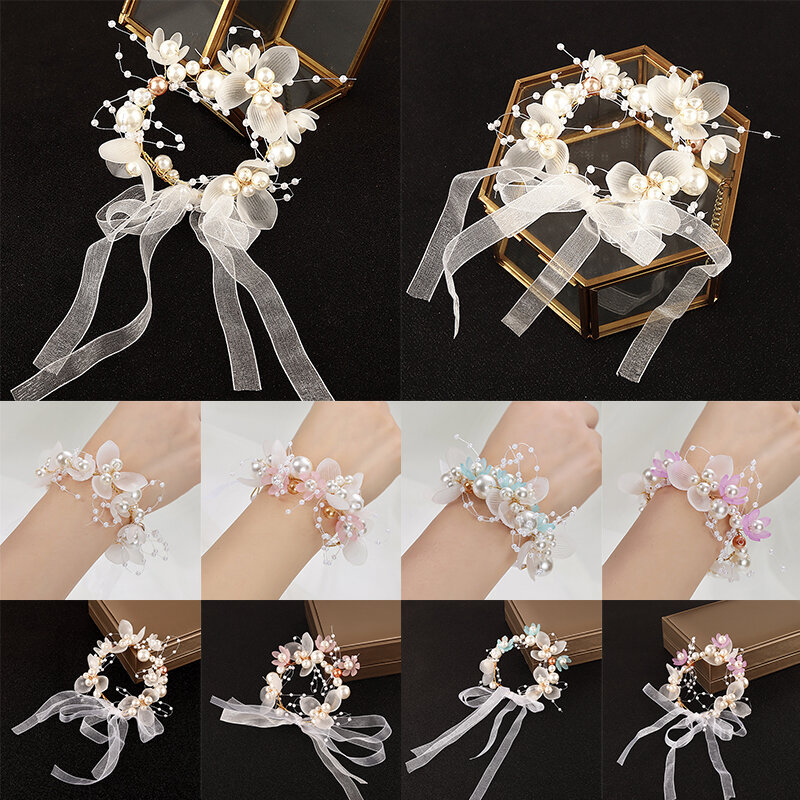 Bunga pergelangan tangan mutiara kristal korsase pengiring pengantin anak-anak bunga tangan pernikahan indah pengantin gelang pernikahan gadis perhiasan