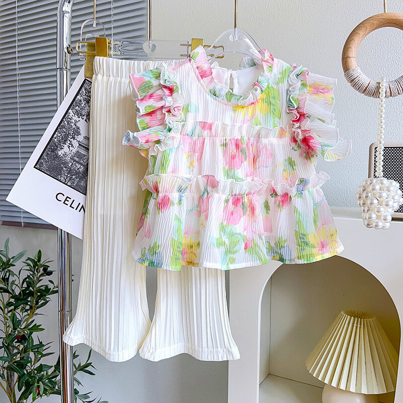 Летние костюмы для девочек, рубашка с летящим рукавом и цветочным принтом + штаны, милая детская одежда в Корейском стиле, комплект из двух предметов, одежда для маленьких девочек, 2 предмета
