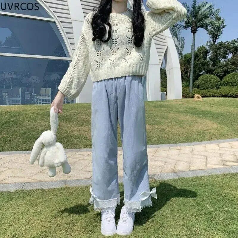 Japanische lolita Frauen kawaii hohe Taille Cord hose süße Schleife Spitze weites Bein Hosen neue y2k Kleidung lässig lose süße Hose