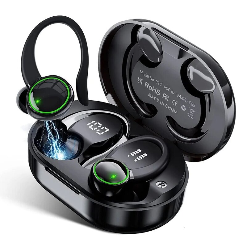 TWS Bluetooth 5.3 Gancho Sem Fio, Fones De Ouvido Esportivos, Fone De Ouvido LED, Redução De Ruído Fones De Ouvido, Microfone, 48H HiFi Música Tempo