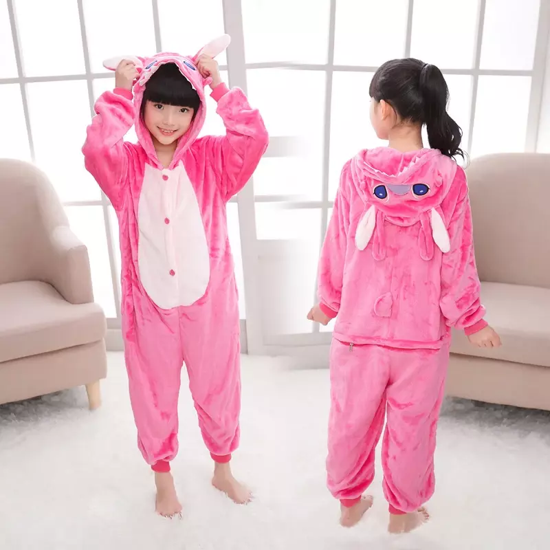 Disney Stitch Kids Winter One-Piece Pajamas Sets Children Animal Kigurumi Onesies for Boys Girls Pyjama Cartoon Cosplay Costume