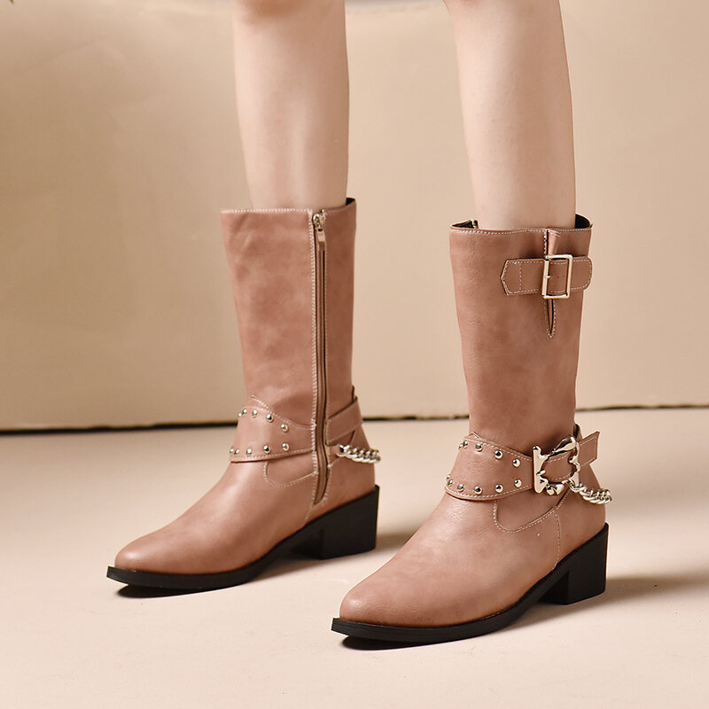 Botas meio-panturrilha com fivela de cinto para mulheres, sapatos modernos, zíper lateral, alta qualidade, nova moda, 2023