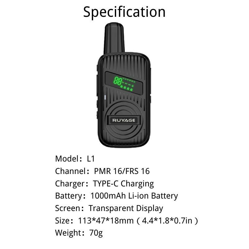 Ruyage-L1 Mini Walkie Talkie, Recarregável, PMR446, Long Range, Portátil, Rádio Bidirecional para Caça, 2Pcs