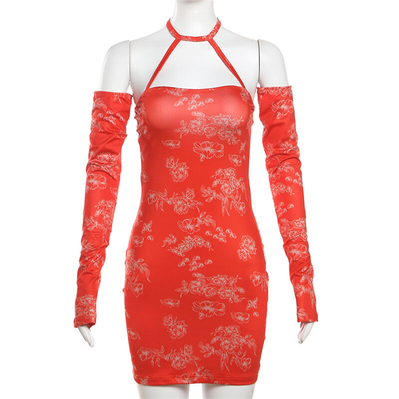 女性のための取り外し可能な袖付きの赤い花柄のドレス,ホルターネック,ミニパーティードレス,セクシーなシース,ビーチ,休暇,夏