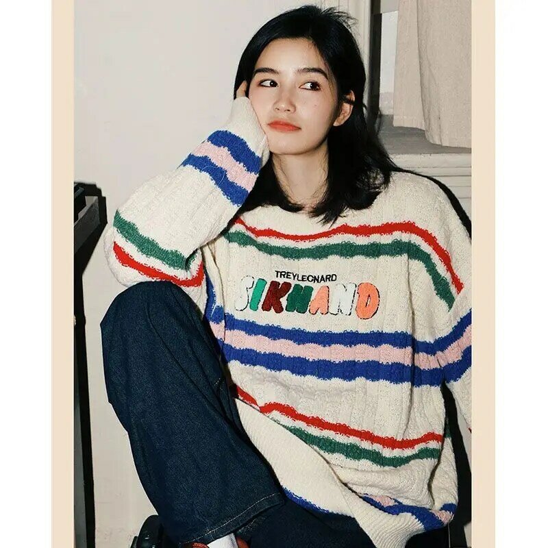 Suéter con bordado de letras para mujer, jersey de cuello redondo a rayas Vintage, ropa informal holgada de manga larga