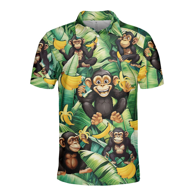 3D Monkey Print Polo Shirt For Men Fashion Lapel Short Sleeve Shirts Oversized Casual Golf Blouse Buttons Tops Funny Shirts Tees
