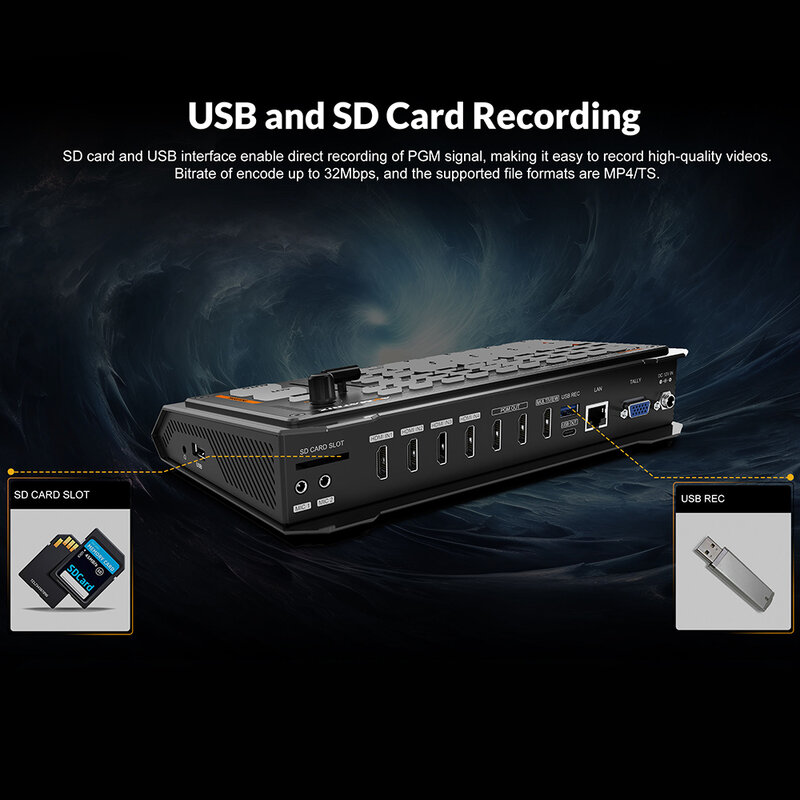 AVMATRIX-conmutador de vídeo en vivo Shark H4, 4 canales, HDMI, con mezclador de Audio USK y DSK, grabación y streamer