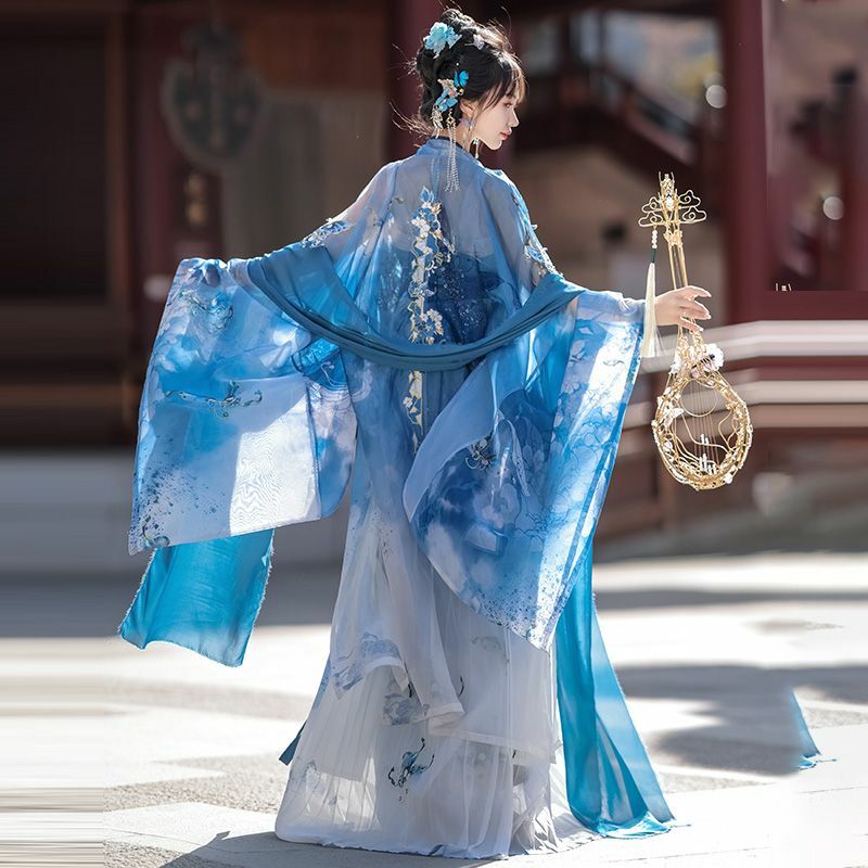Summer Hanfu female blue Chinese style costume embroidery retro Tang style students adult performance shooting costumes