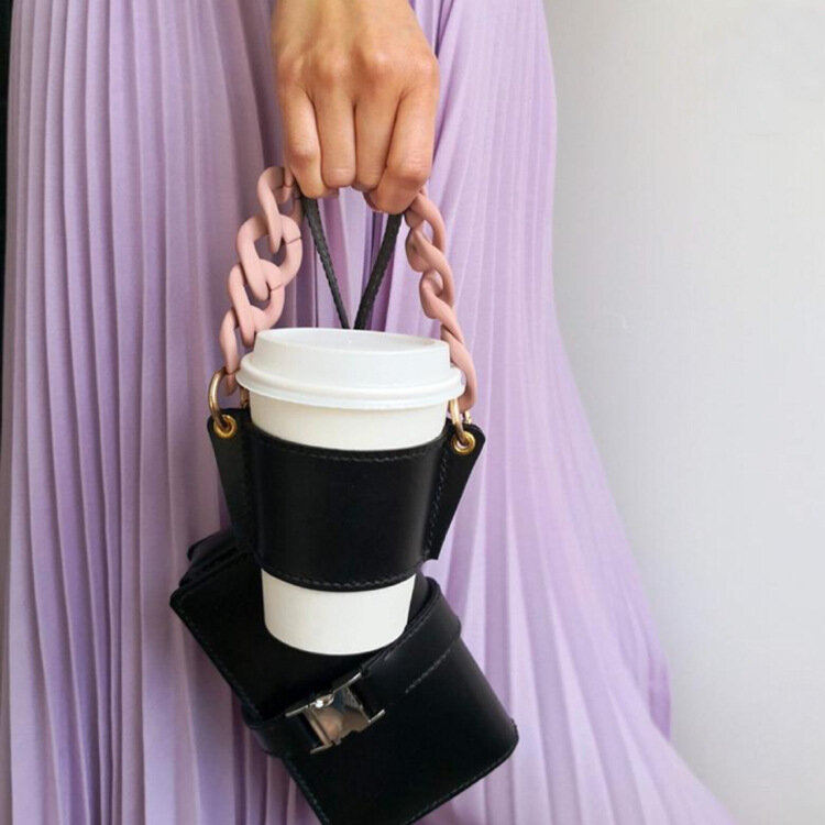 Cubierta portátil de cadena acrílica para taza de té y leche, cubierta protectora de cuero para taza de café, extraíble, aislada, Mini bolsa