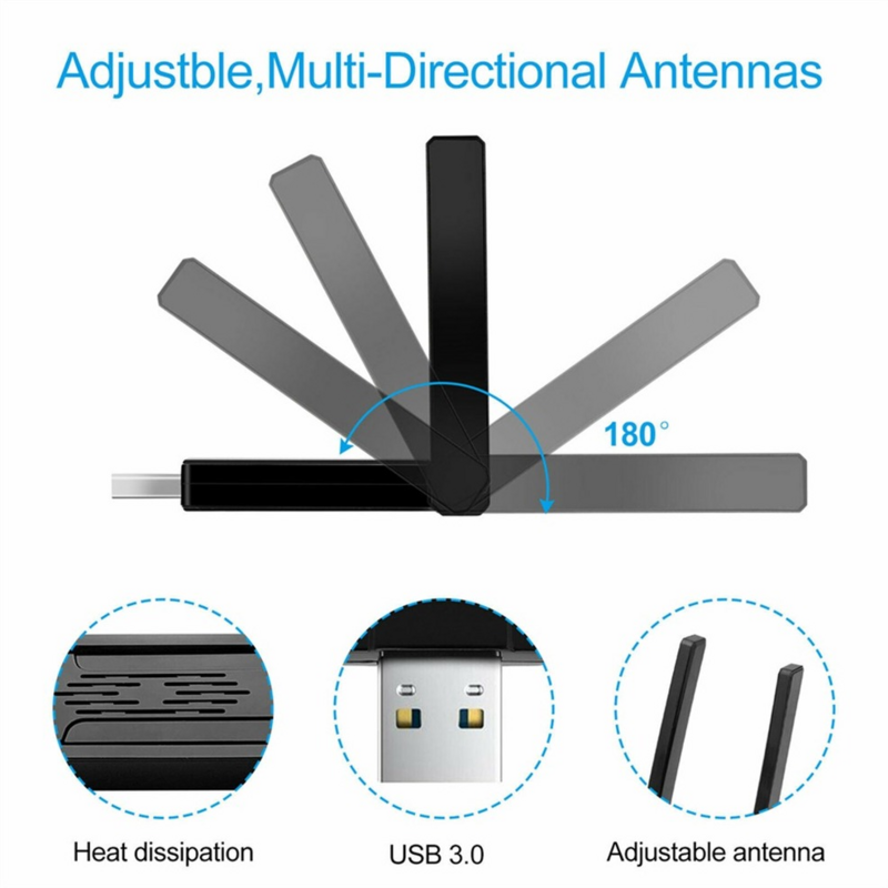 Adattatore WiFi USB Wireless 1300Mbps Dual Band 2.4G/5Ghz USB 3.0 adattatore Lan WIFI Dongle 802.11ac con Antenna per Desktop portatile