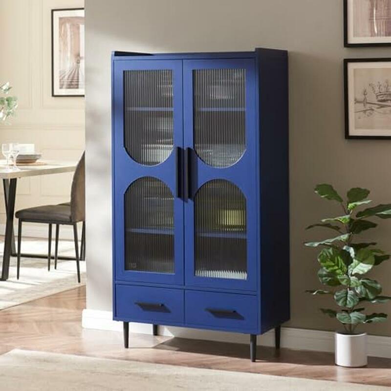 Wooden Tall Wine and Liquor Storage Cabinet with Glass Doors and Drawers Kitchen and Dining Room Pantry Organizer Cabinet