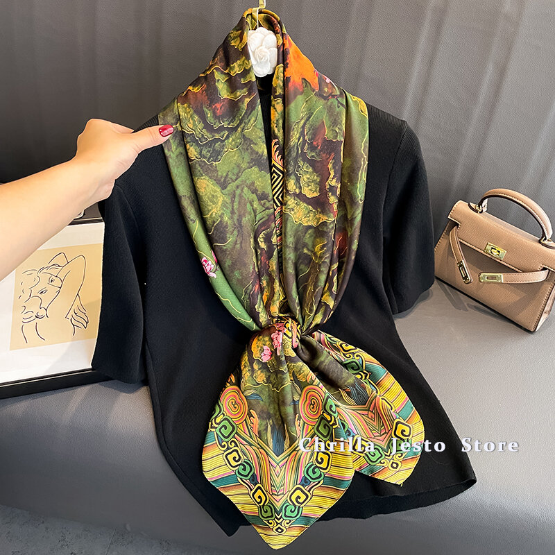 Spring Autumn Sun Resistant Travel Shawl Ladies Elegant Imitated Silk Floral Printed Soft Pashmina Fashion Hijab Scarf