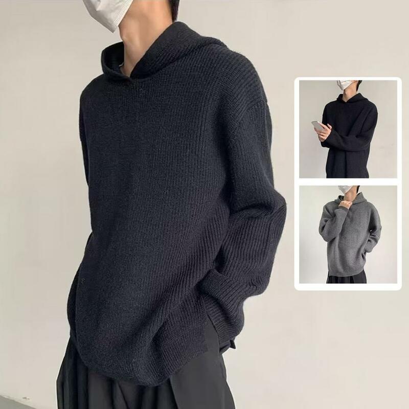 Winter Hooded Sweater Men's Cozy Hooded Knitted Sweater with Side Split Retro Pullover Warm Long Sleeve for Winter Fall Thick
